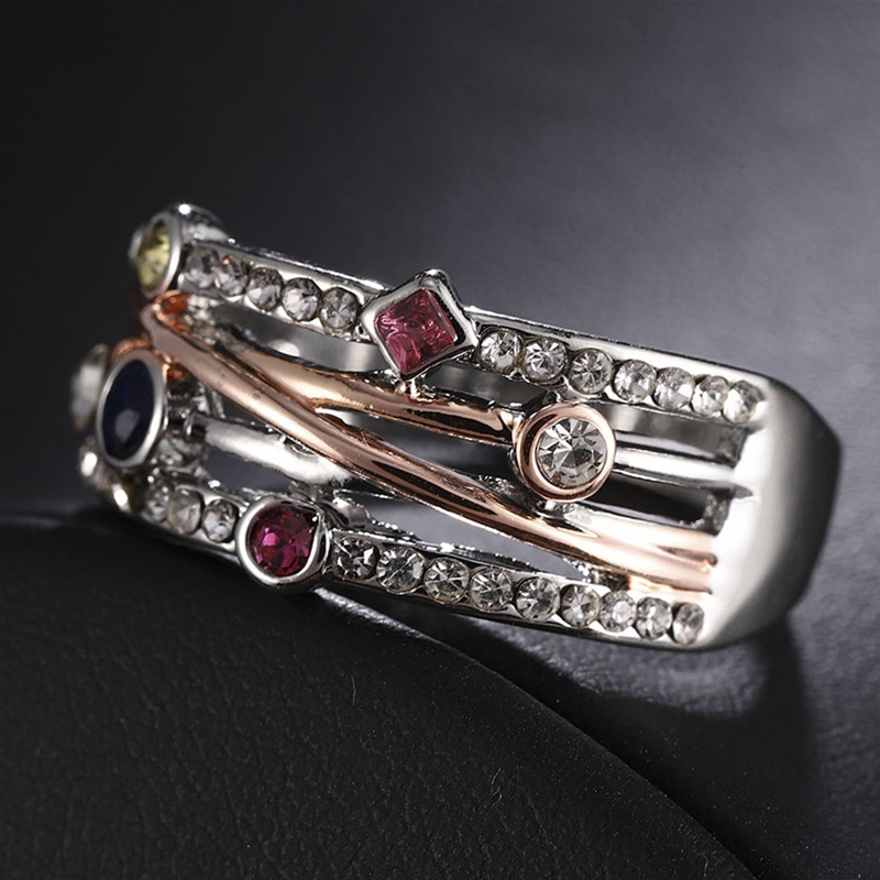 Cincin Silver Desain Geometri Hias Batu Permata Berlian Imitasi Berkilau Untuk Wanita