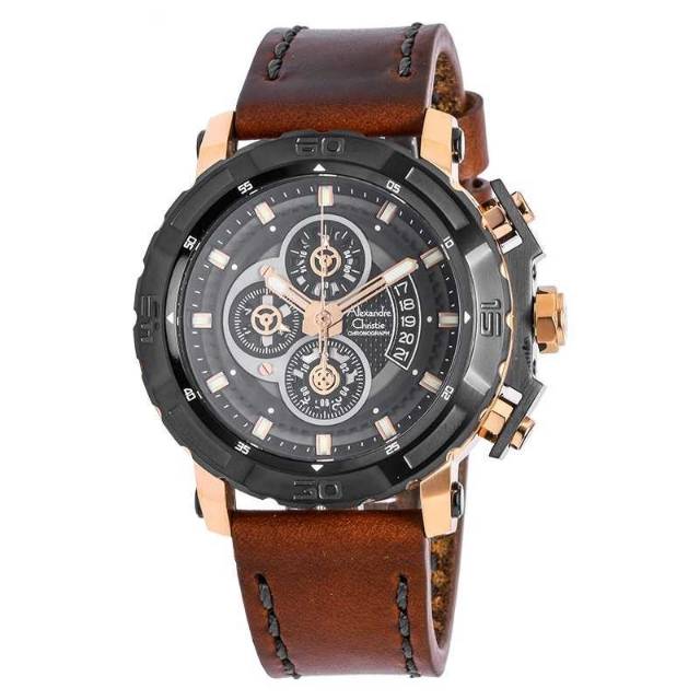 Jam Tangan Alexandre Christie AC 6439 MC Leather / Kulit Brown Rose Pria / Cowok Original