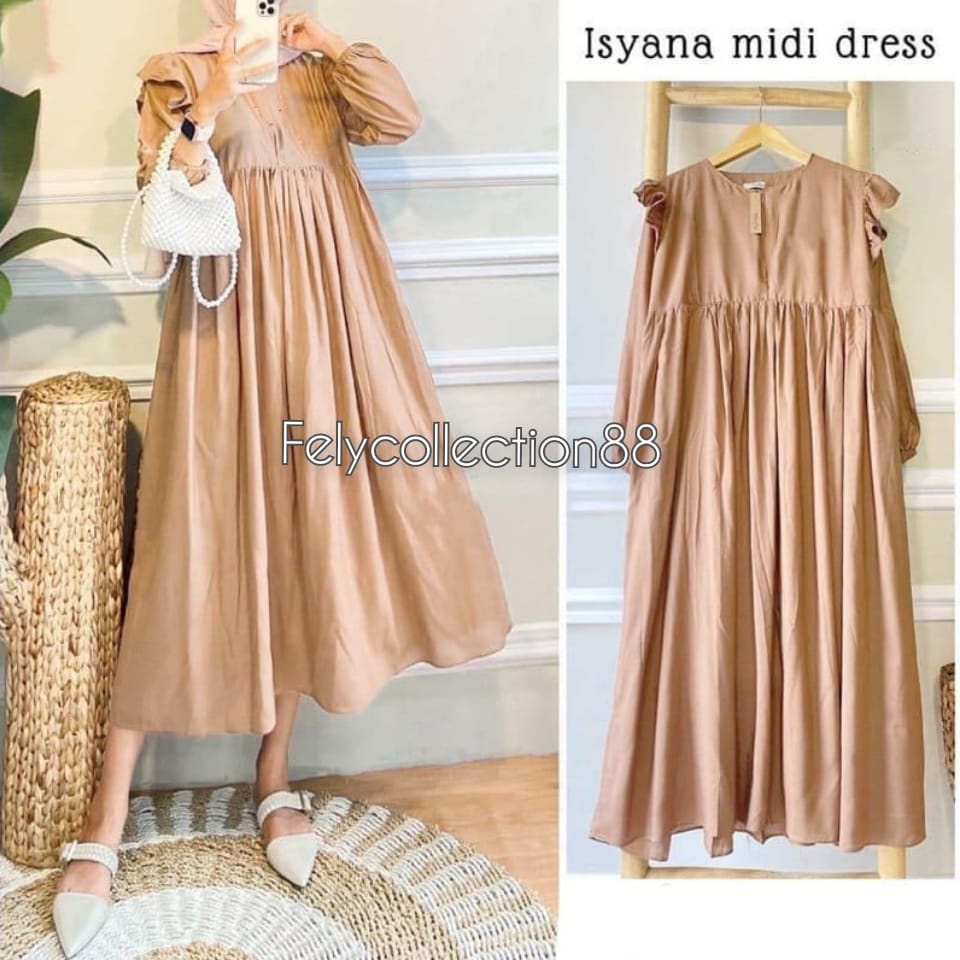 Isyana Midi Dress / Gamis Wanita Terbaru / Kekinian / Casual Dress Murah / Fashion Muslim