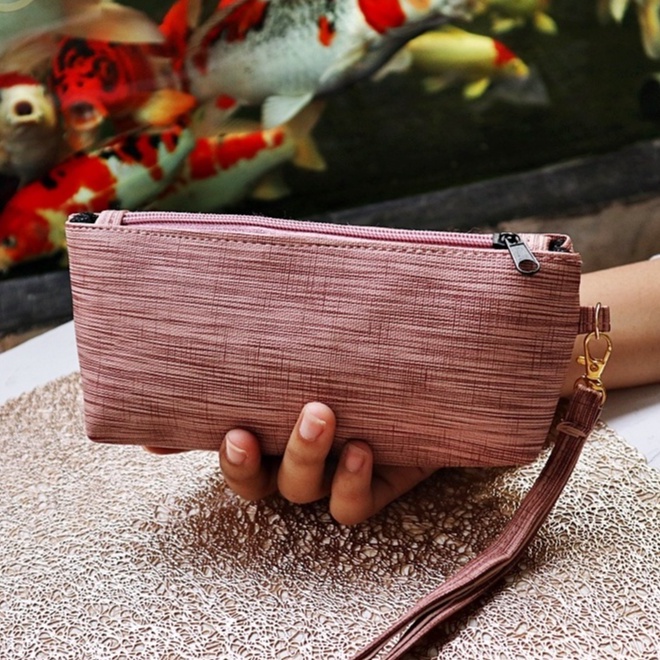 Dompet Wanita Serat Kayu Saphire 1 ruang resletingTali tangan pendek Pouch Koin