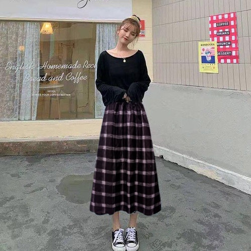 Rok midi a linea casual aneka motif berpinggang tinggi untuk wanita 865