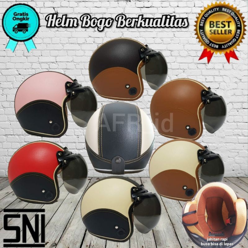 HLM Bogo Kaca Datar Kulit Full Leher Helm klasik Retro Polos Murah SNI Pria Wanita Dewasa Cowo  Cewe