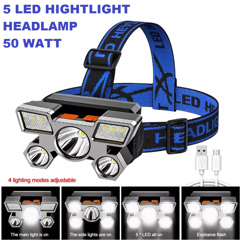 SENTER KEPALA MINI 5 LED 50W + 10W / HEADLAMP USB CHARGEABLE