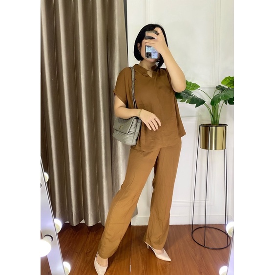 ONE SET TWILL PIYAMA SET TWILL/PAJAMAS/DAILY ONE SET/SETELAN / SETCEL / KEMEJA RAYON / RAYON TWILL-dark mocca twill
