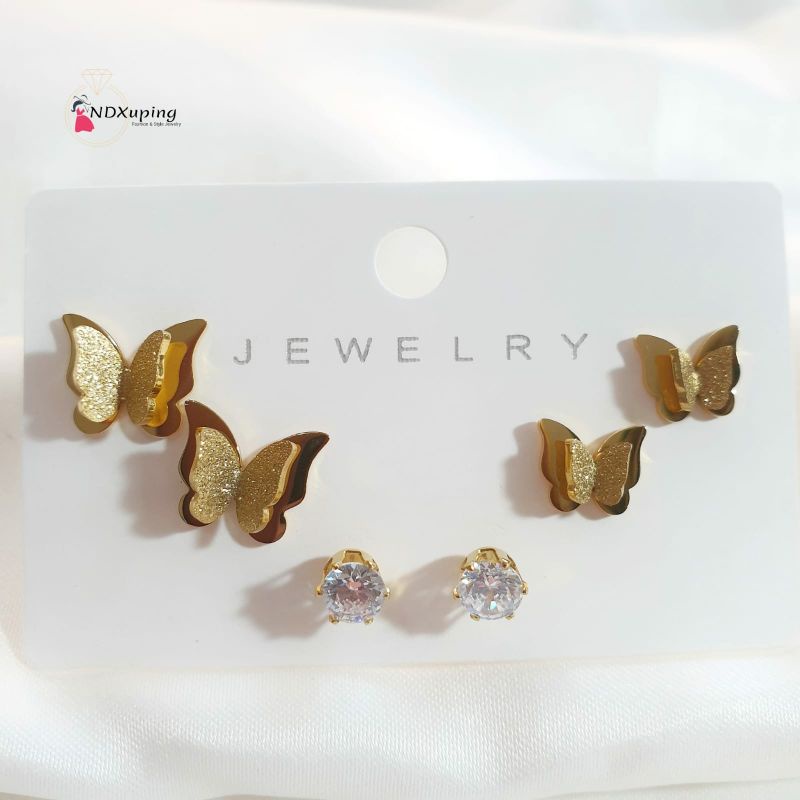 Anting Tusuk 1 Set Dapat 3 Pasang Anting Butterfly Gold Permata Putih N01122104