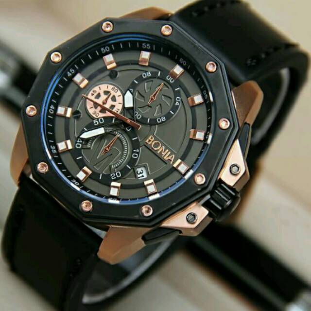 Jam Tangan Pria Elegant Exclusive BONIA MASTER Premium Watch Sport Black Rosegold Limited