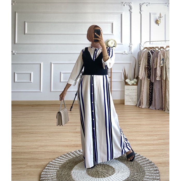 Stripes Long Dress with Vest / Gamis Wanita Import Busui Friendly dengan Rompi Rajut lepas pasang