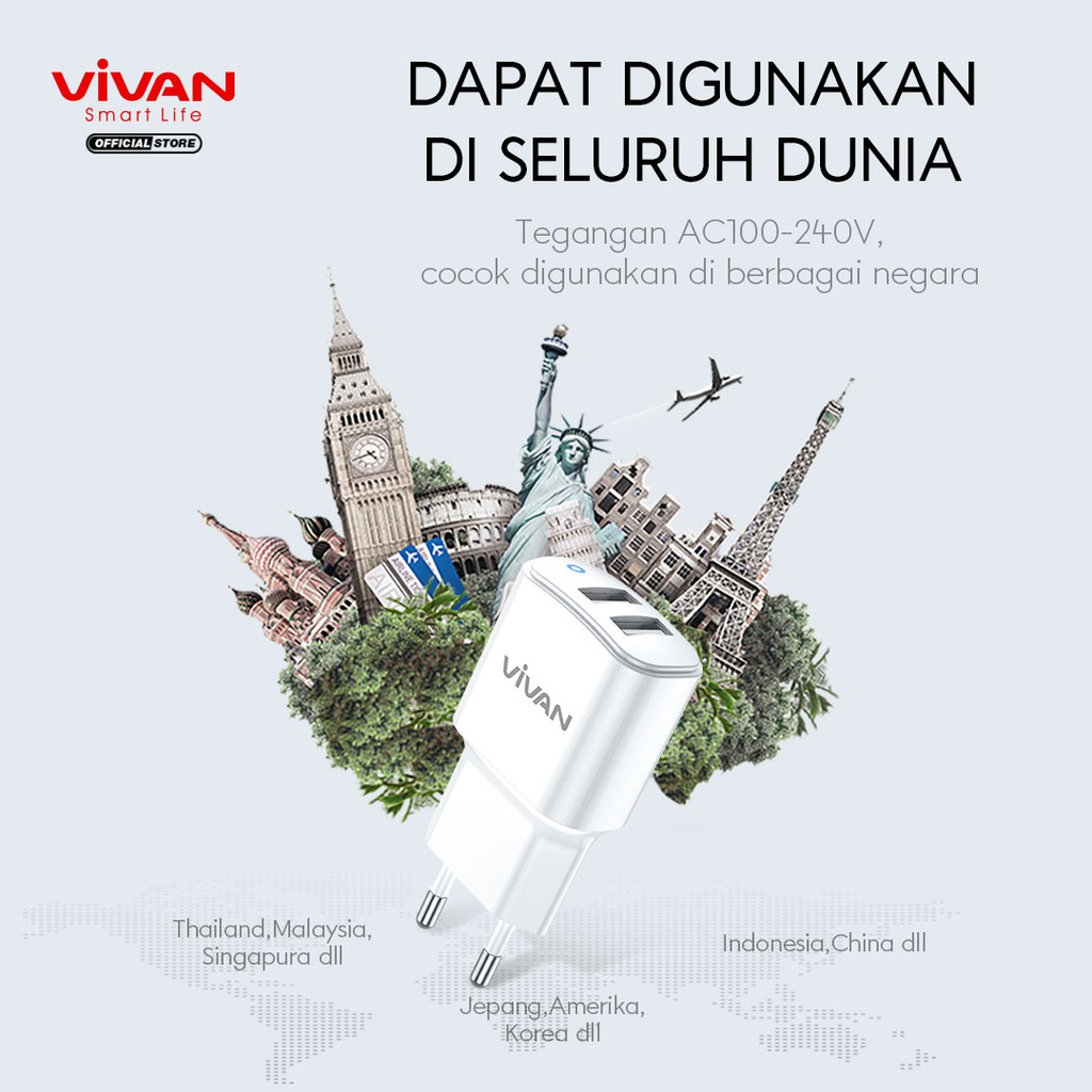 VIVAN VP01 CAS Charger Dual Output USB Quick Charging 3.1A with Charging Cable Garansi Resmi 1 Tahun