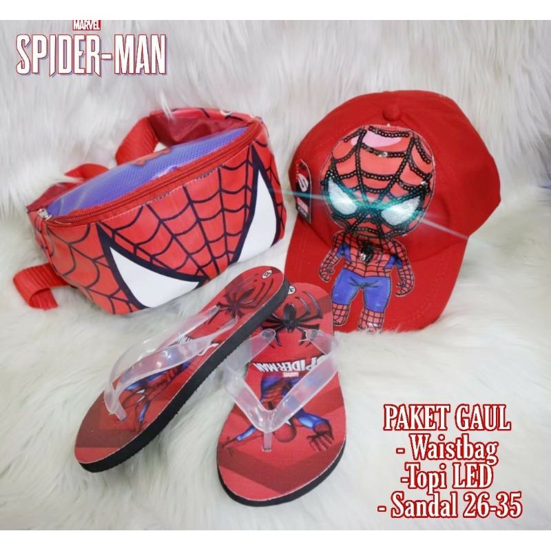 paket gaul waistbag spiderman+topi led+sandal