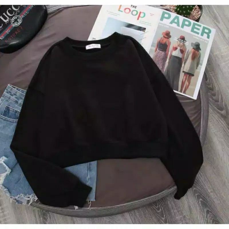 OVERSIZE CROOPE SWEATER / SWEATER WANITA CROP POLOS / OVERSIZE LENKA-HITAM