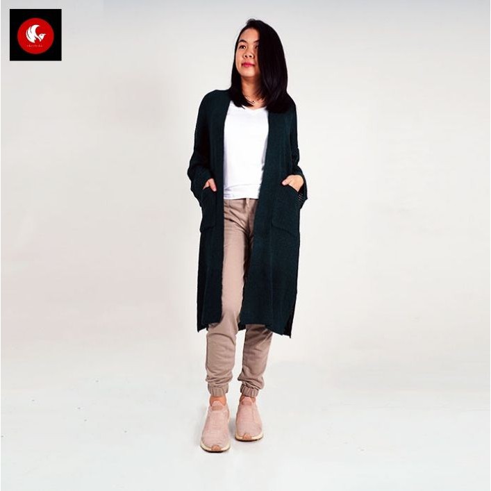 OKECHUKU Lavella Long Cardigan Wanita Outer Wanita Cardigan Rajut Oversize-Emerald