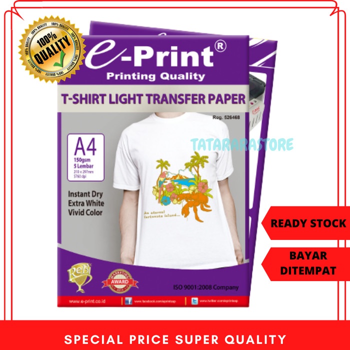 

(DISKON TERMURAH) e-Print Light T-Shirt Transfer Paper A4 - Kertas Print Sablon 5 lembar