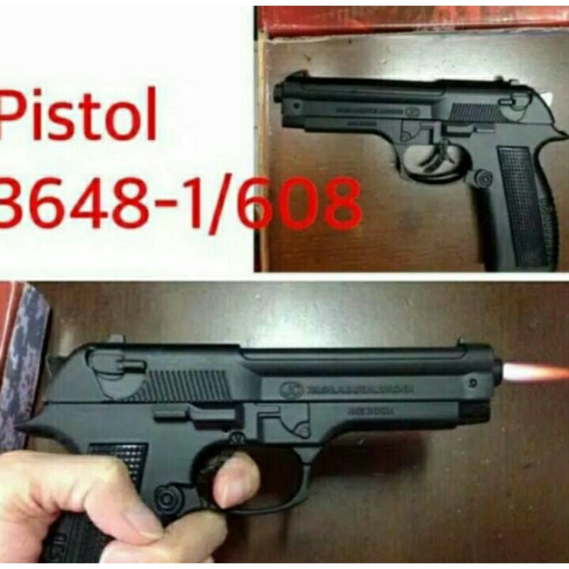 Cod Korek Api Pistol Bareta Besi//Korek Gas Full Steel Hitam-Silver Sarung