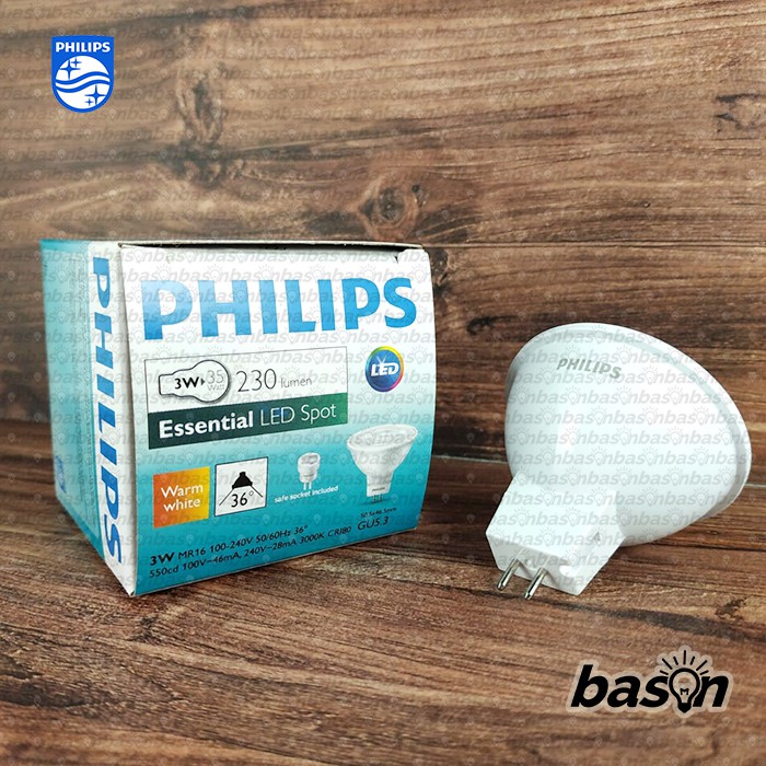 PHILIPS Essential LED MR16 3W 36D 100-240V | Halogen / Lampu Mangkok | 3000K atau 6500K