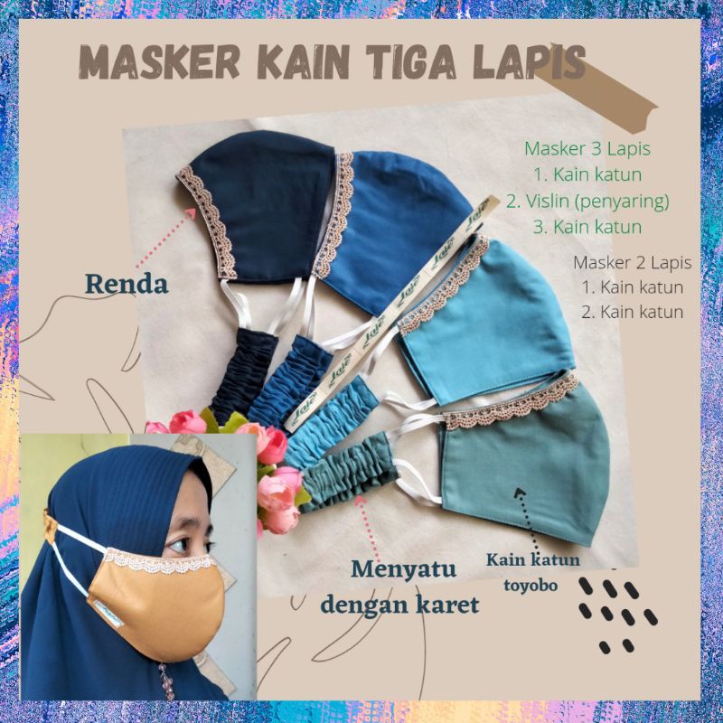 Masker Kain Katun Polos Tiga Lapis 3 Ply Hijab Headloop Karet Tali Serut Konektor