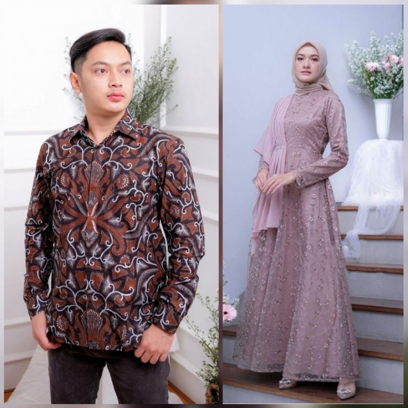 BATIK OFFICIAL SOLO Batik Couple Rayya Tulle mutiara kombinasi ceruty payet &amp; kemeja batik