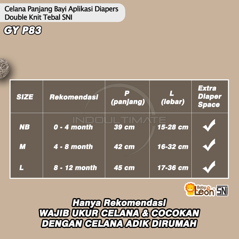 1 Pcs Celana Panjang COTTON Anak Bayi BABY LEON Newborn GY-P83 Celana Diaper Celana Popok Panjang