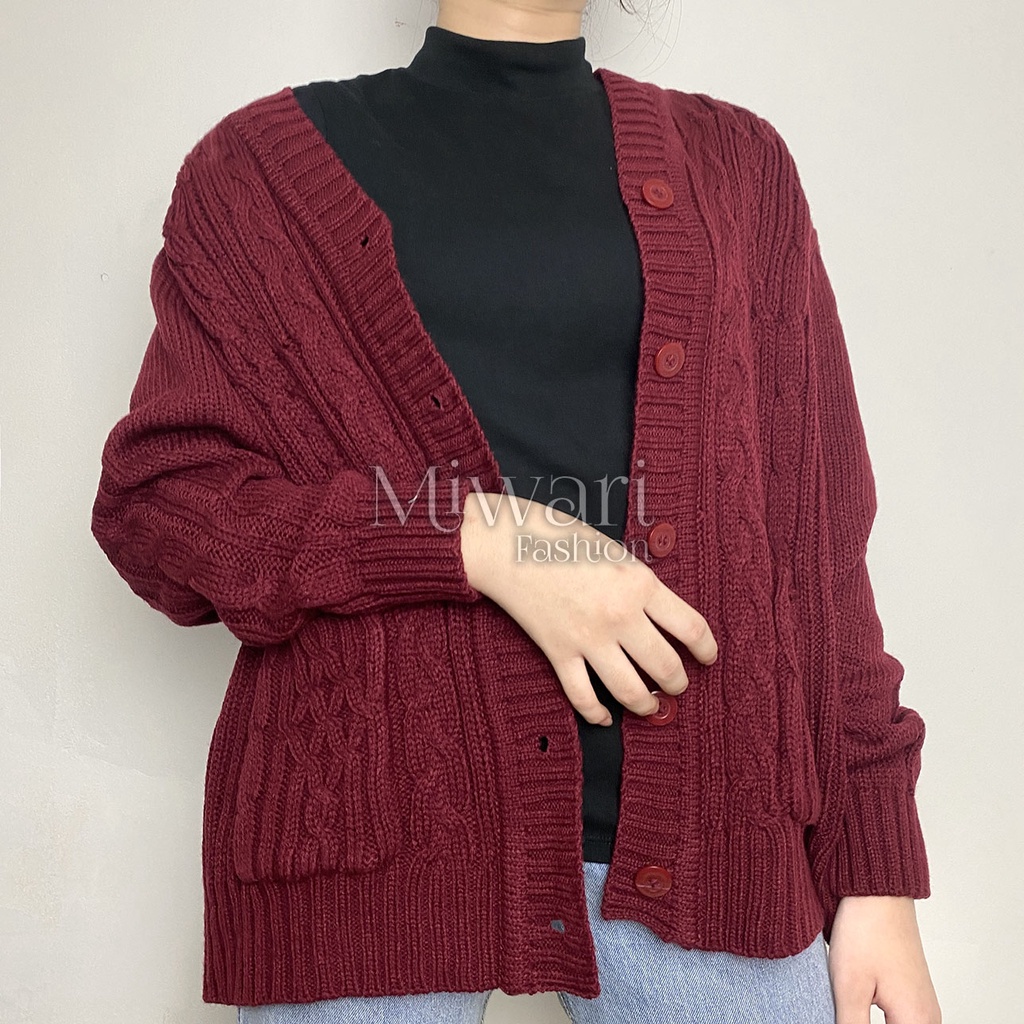 Miwari - Cardigan Rajut Tebal Motif Kepang Jumbo Premium Lina - Minori Cardigan Motif Cable Rajut Ze