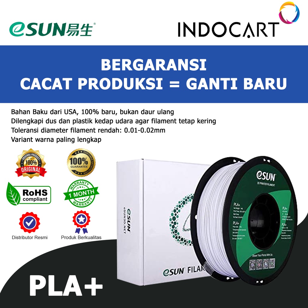 INDOCART Tinta Filamen 3D Printer Filament eSUN PLA+ 1.75mm 1kg