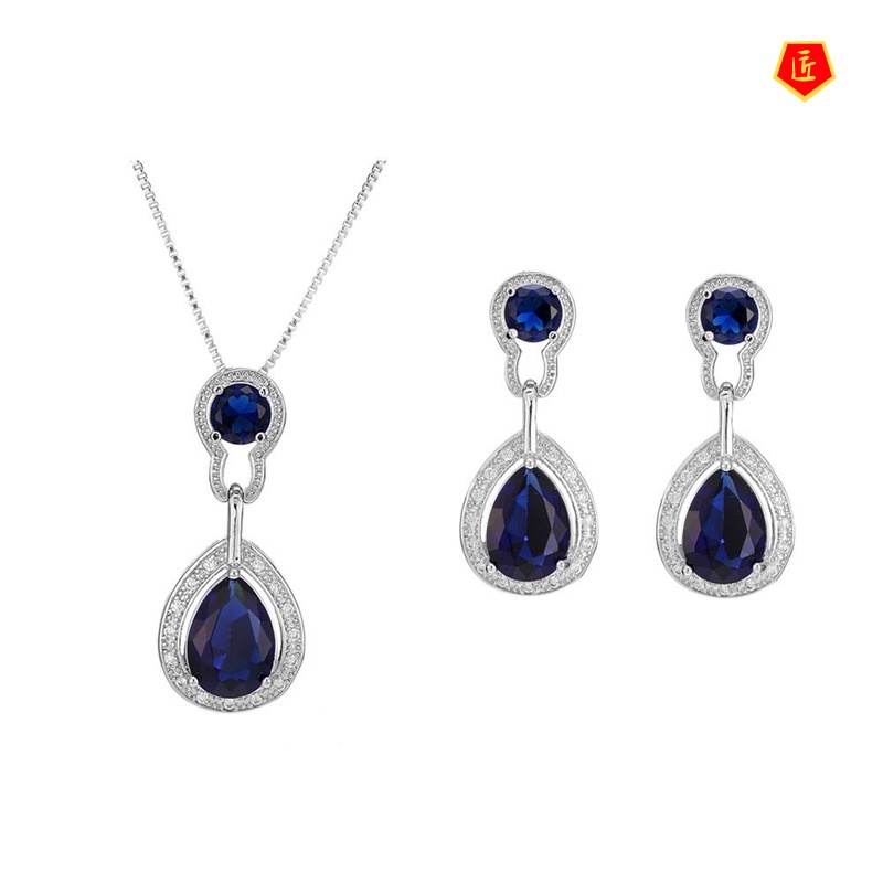 [Ready Stock]Dark Blue Sapphire Pendant Refined Rhinestone Stud Earrings