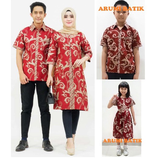 Set Baju Couple Sarimbit Keluarga Lebaran Tunik Batik Muslim 2884 Ameta Merah