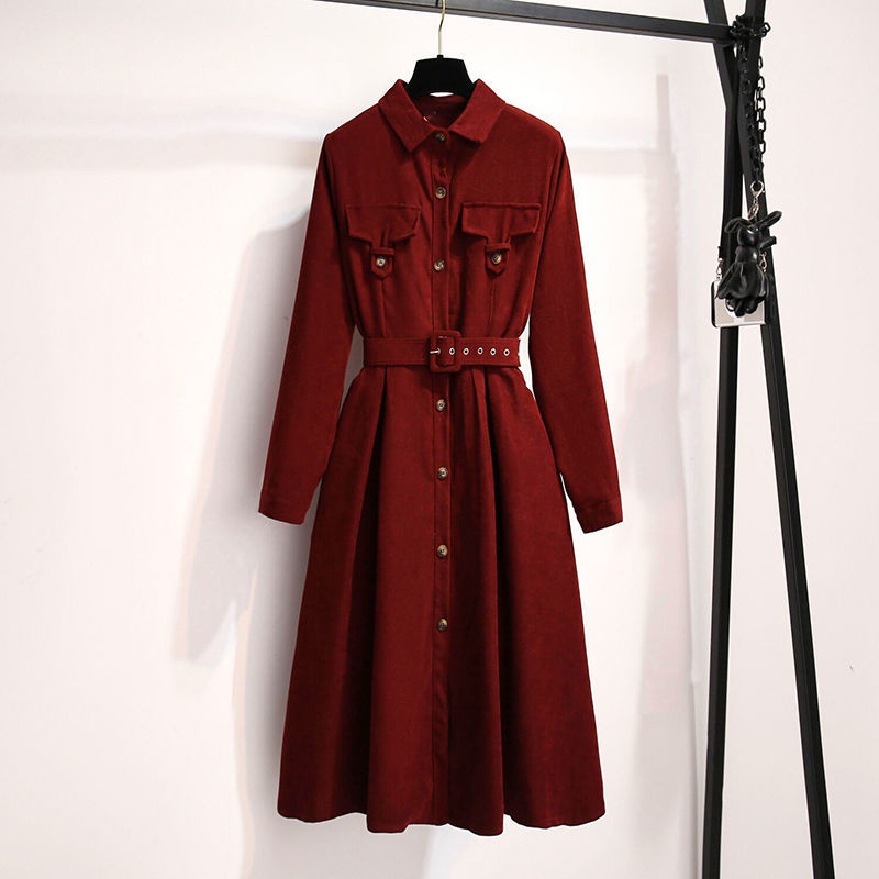 Retro temperament thickened corduroy dress French high-end single breasted shirt skirt design sense