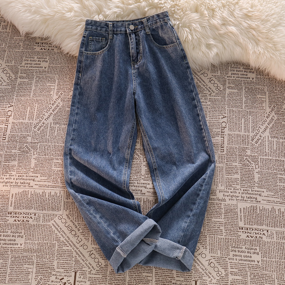 Biru Keren Terbaru Highwaist Lurus Loose Celana Jeans Panjang Wanita Import【COD】