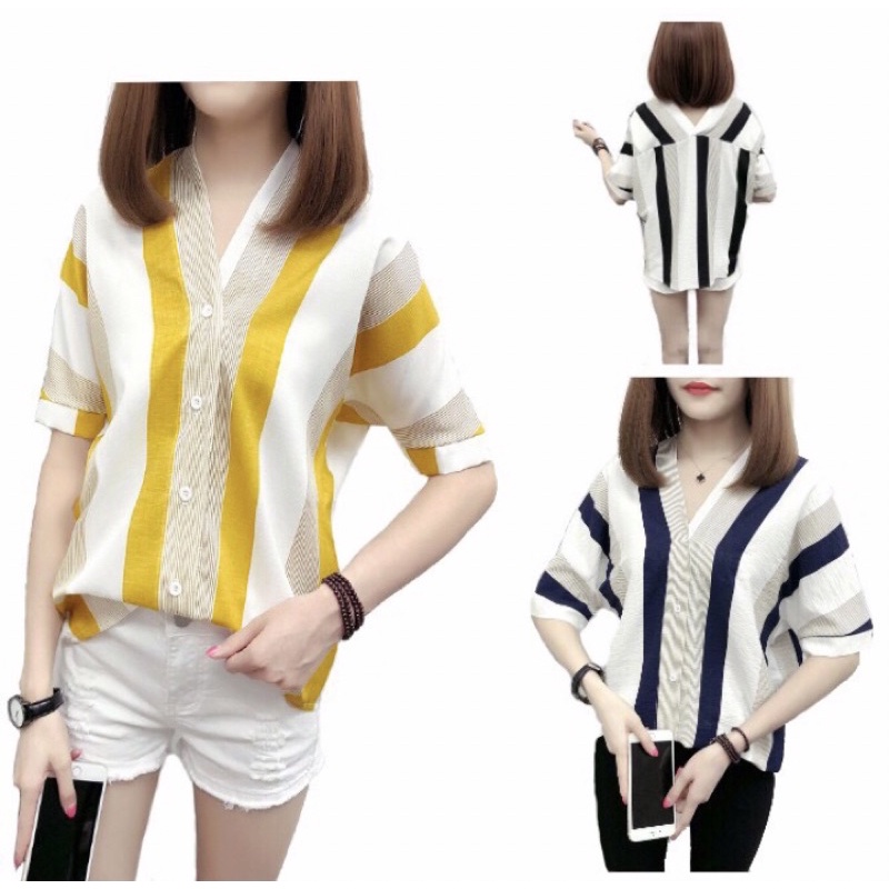 blus wanita katun linen motif garis