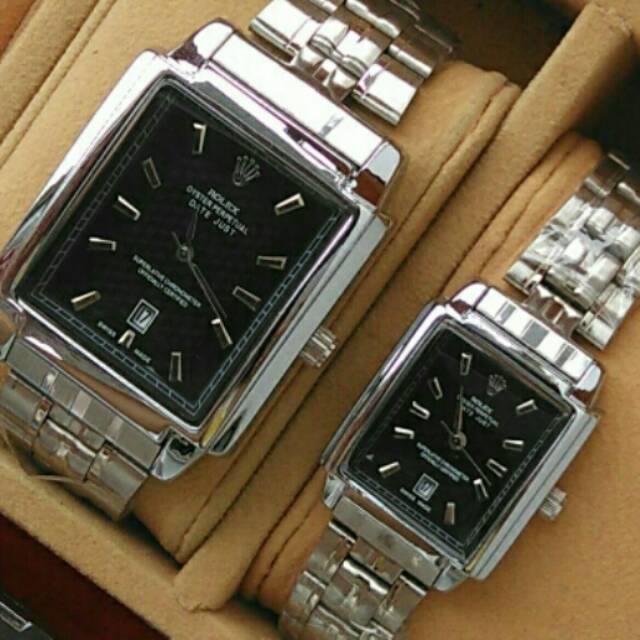 Jam tangan rolex couple segi date silver plat black