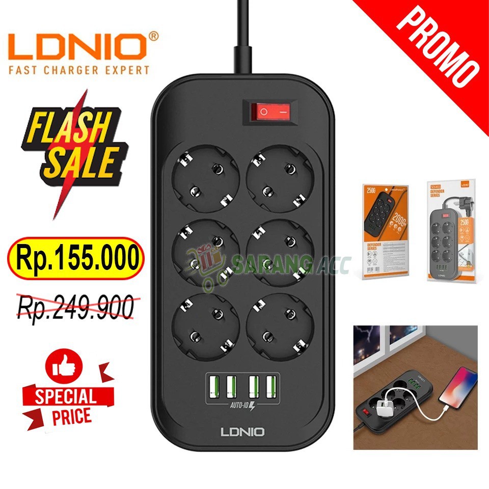 Original LDNIO Power Socket 6 lubang USB 4 lubang Stop