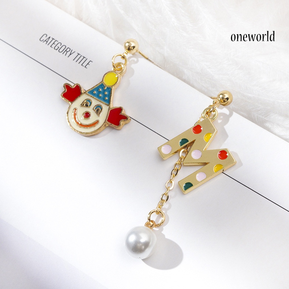 OW# Women Fashion Asymmetry Clown Colorful Letters Eardrop Dangle Ear Stud Earrings