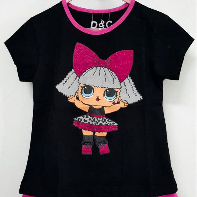 Baju kaos karakter anak cewek motif LOL SURPRISE HITAM GLITTER PITA size 1-6 bahan katun lembut