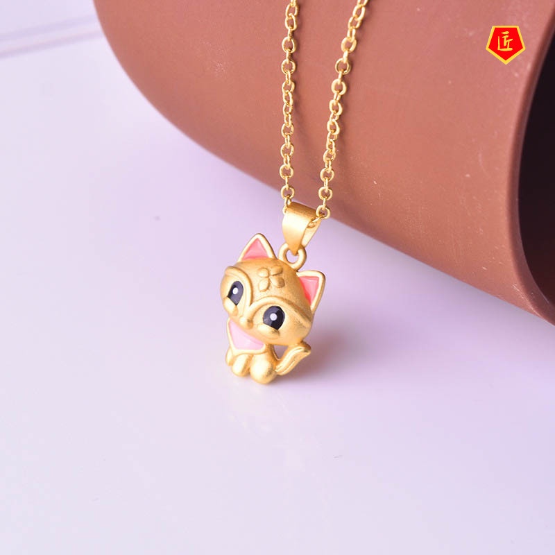 [Ready Stock]3D Gold Necklace Lucky Beads Women's Paint Cute Little Fox Pendant