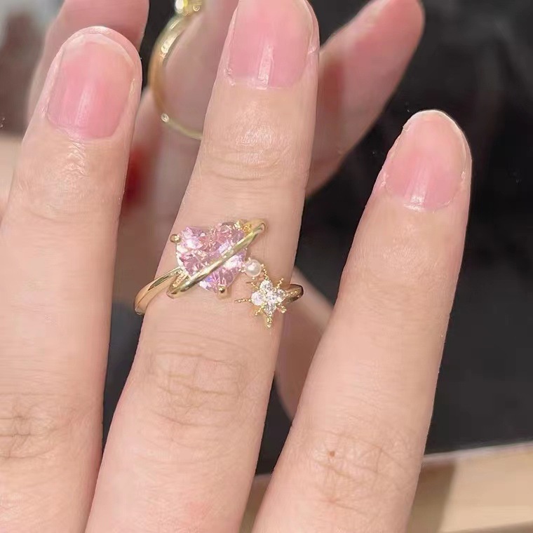 Disney Cincin Lapis Emas 18K Desain Hati Hias Cubic Zirconia Pink Ukuran Adjustable