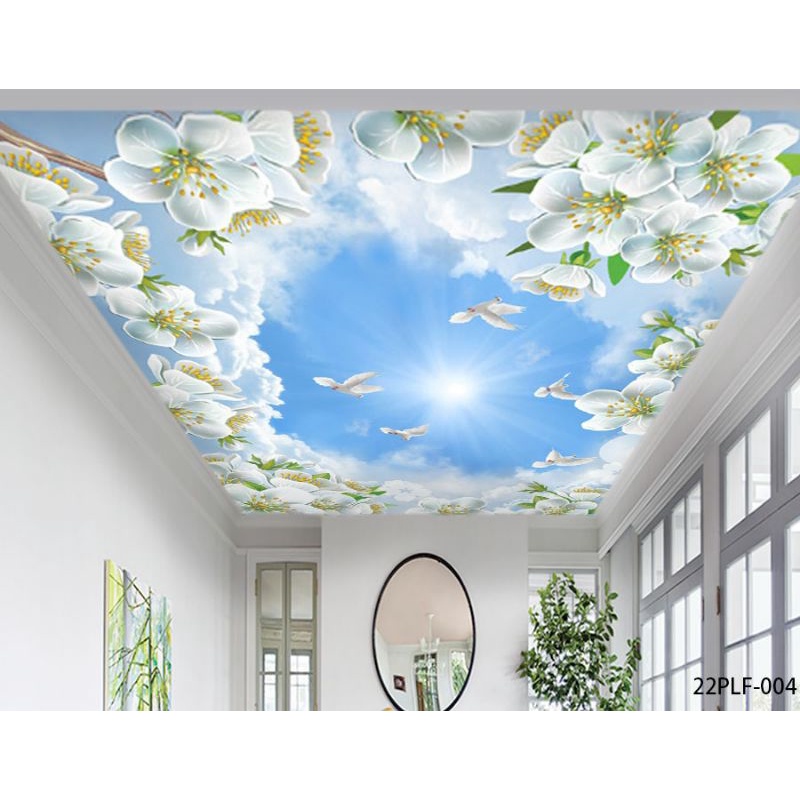Wallpaper 3D Custom Plafon Ornamen Bunga Burung Awan Biru (22PLF-004)