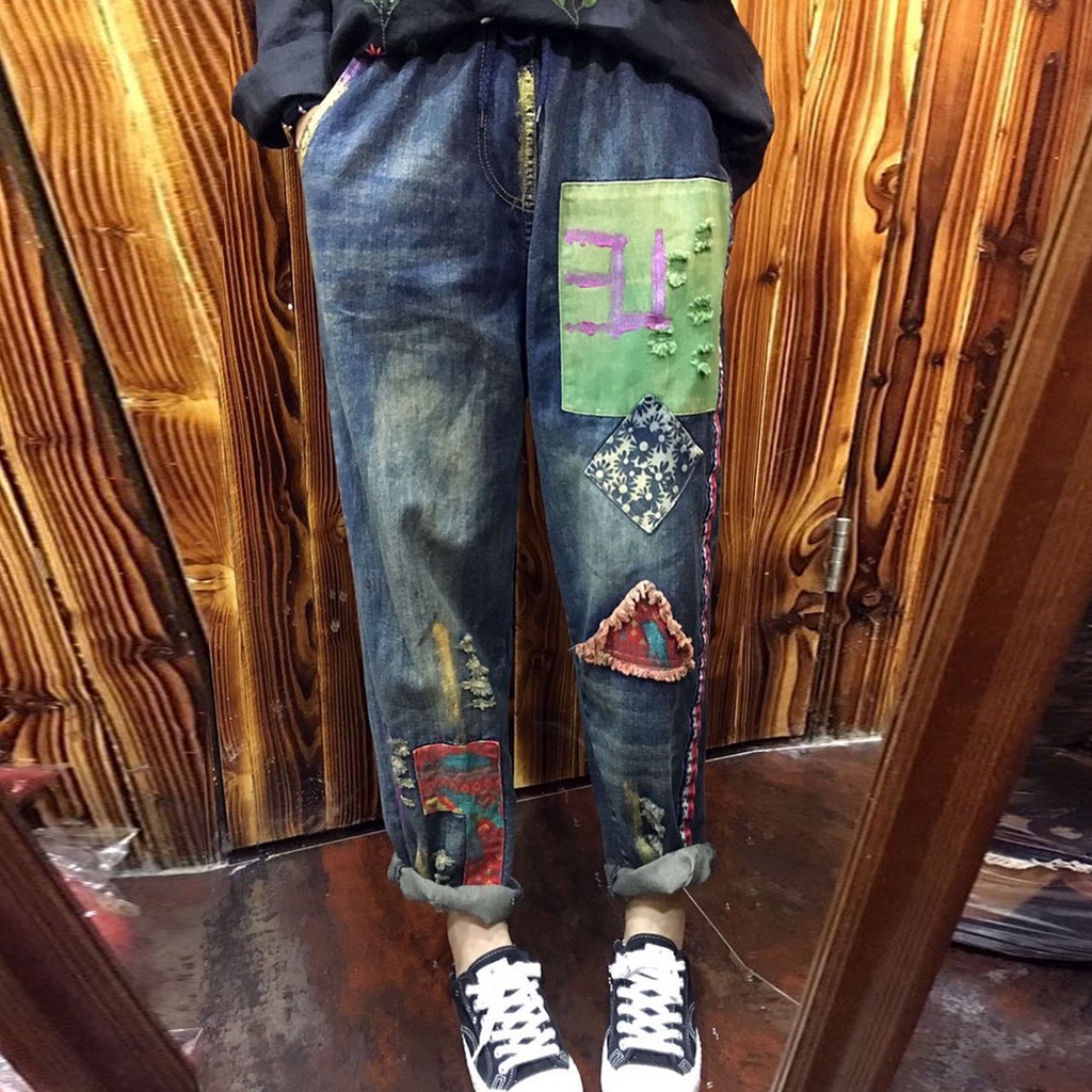 Celana Denim Jeans Patch Tribal Spray Graffiti Korea Import