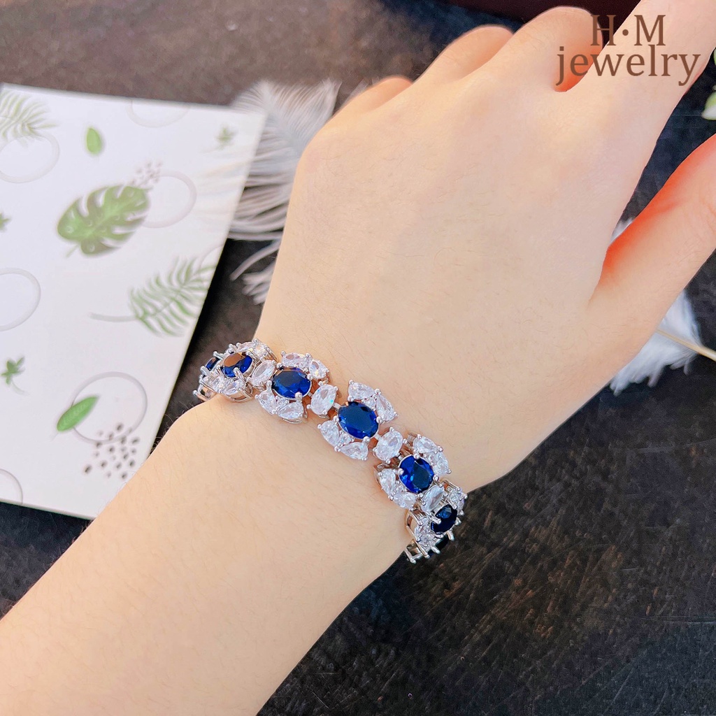 Gelang Tangan Sterling Silver 925 Aksen Batu Sapphire Biru Terang Untuk Wanita