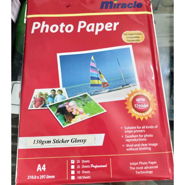 Photopaper Sticker Glossy Miracle 130gram 20sheet A4 Inkjet Photo paper / Kertas Foto