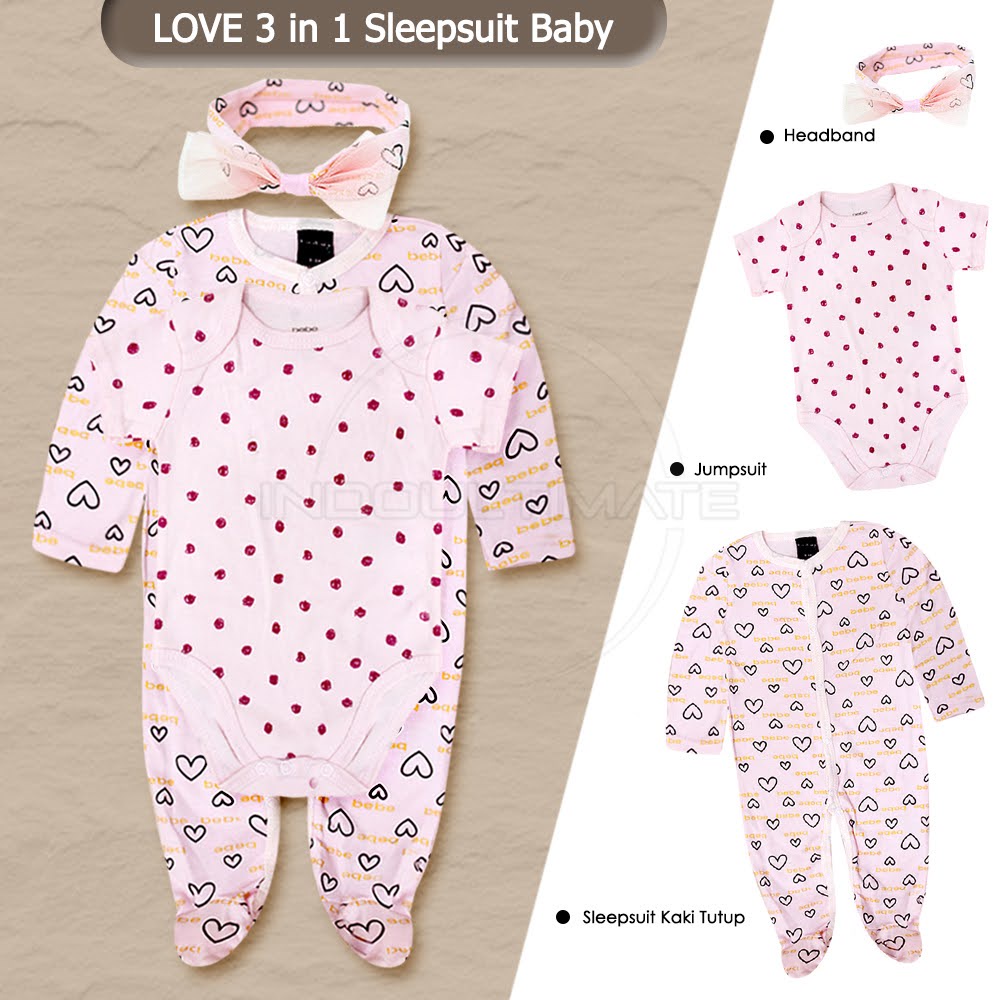 SET 3in1 Sleepsuit Bayi Baru Lahir + Jumper Pendek + Bando BN-5216 Jumsuit Import Jumpsuit Anak Bayi Balita Baju Tidur Bayi Pakaian Bayi Newborn Pita Kepala bayi Baby Head Band Kaos Bayi