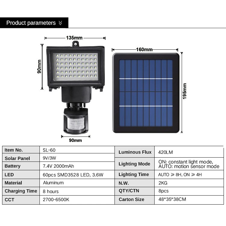 50 SL-60 - 615 Lumens Motion Sensor Solar 60 LED Outdoor Garden Light