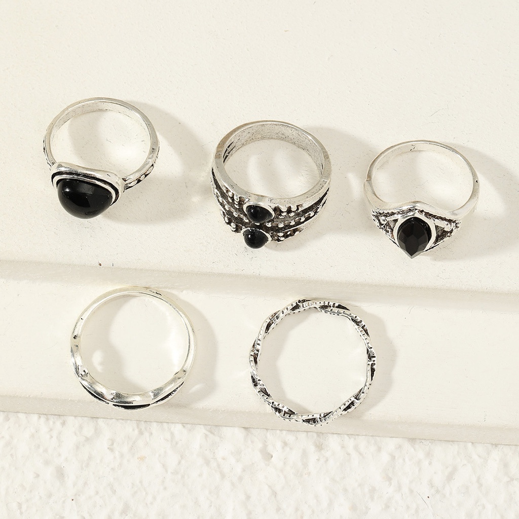 5 Pcs/Cincin Batu Permata Hitam Fashion Antik Set Cincin Gelombang Logam Punk Eropa Dan Amerika