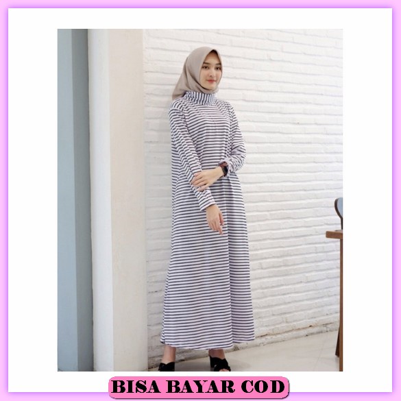 Baju Gamis Midi Pesta Big Size Muslim Motif Garis Garis Wanita Busui Harian Lembut Kekinian Terbaru 