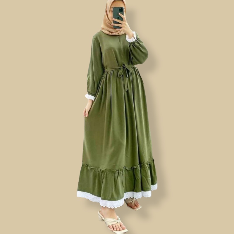 Baju Gamis Dress Lebaran Hitam Wanita Remaja Jumbo Ld 120 130 140 Terbaru Kekinian RELINA-Green