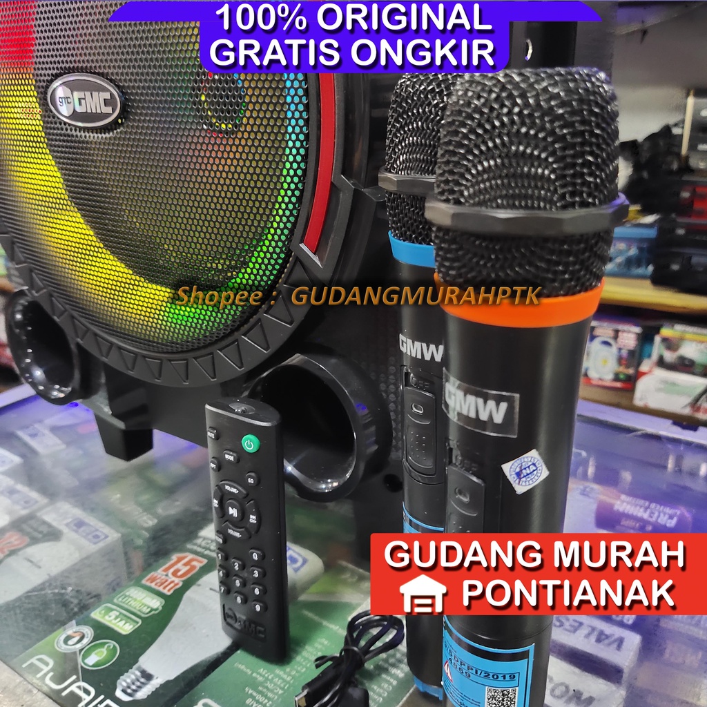 Speaker Portable Bluetooth GMC 897T bonus 2 mic Wireless salon charge Suara Mantap Nyaring Troli roda Troly