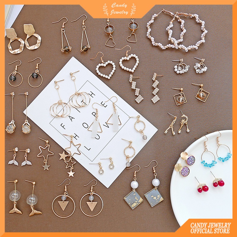 Candy Jewelry Fashion Geometric Drop Earrings Rhinestone Moon Star Heart Pearl Hoop Earring for Women Mermaid Tail Ear Studs Gold Color