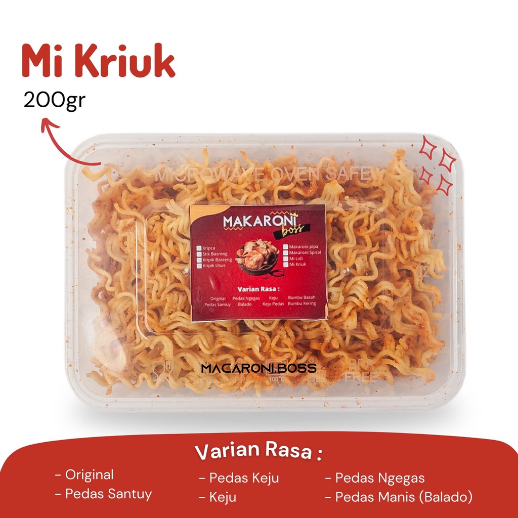

Mi Kriuk Pedas by Macaroni Boss 200gr Box Thinwall Cemilan Snack Makanan Ringan Viral