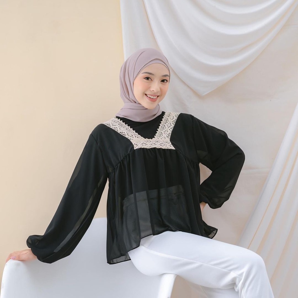 Ayuka Blouse Atasan Wanita Muslim Lengan Panjang Mix Renda Bahan Ceruty Babydoll / Blus Remaja / Baju Muslim Wanita / Blus Casual / Blouse Murah