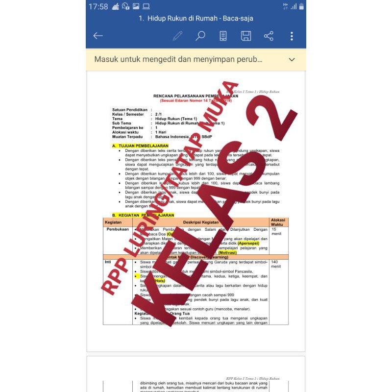 RPP 1 lembar daring dan Luring/tatap muka SD Tematik Kelas 2, 2 Semester