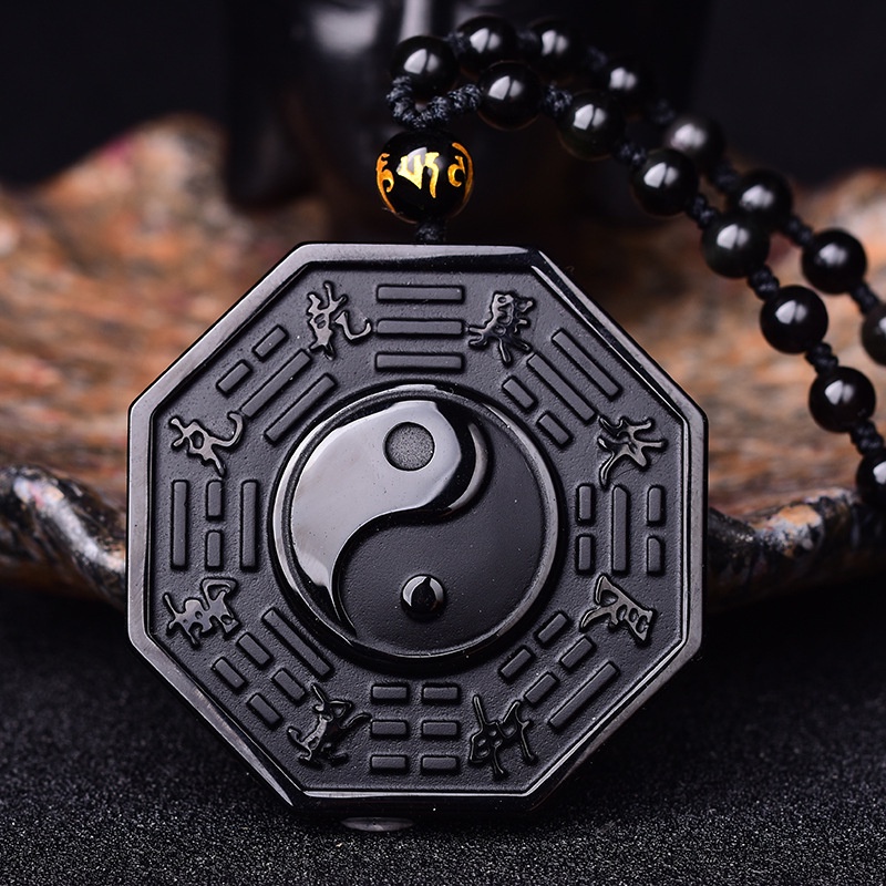 Kalung Jimat Liontin Manik-Manik Batu Hitam Yin Yang Tai Chi Gosip Gaya Cina Retro Untuk Pria Dan Wanita