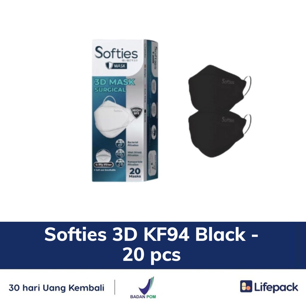 Softies 3D KF94 Black - 20 pcs - Masker Pelindung Debu, Bakteri, dan Virus - LIFEPACK